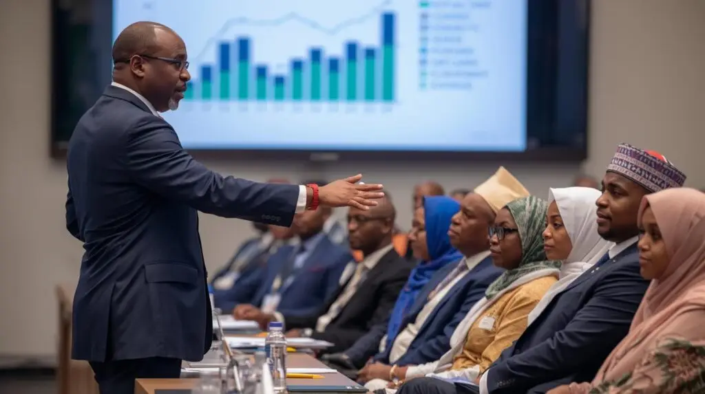 an african conference speaker standing showing economic slides on screen in front of the niger republic government body. mixed dress types suits, boubou, hijab women etc.