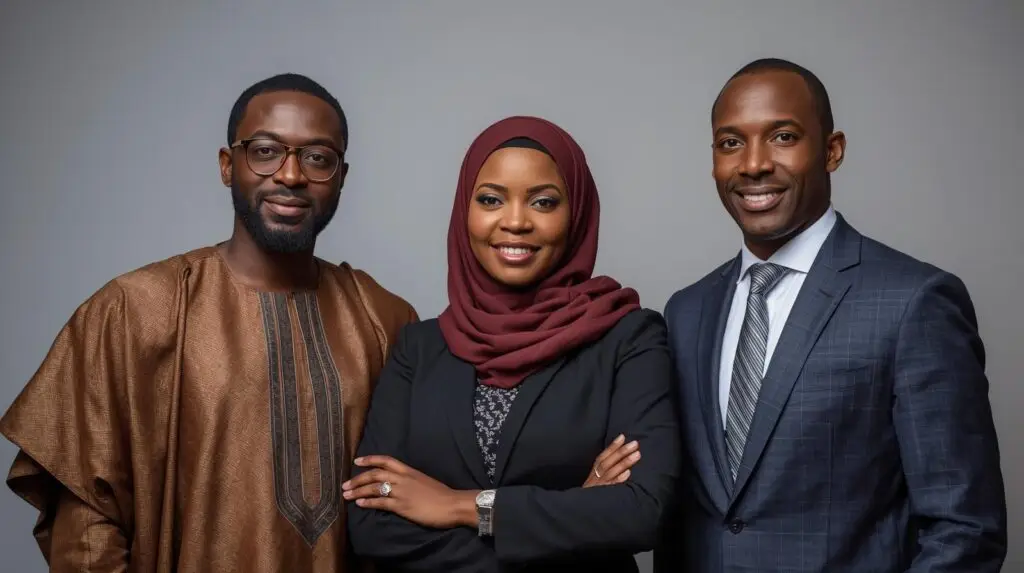 i want an image showing 3 africans one man wearing boubou, one woman with hijab and one man wearing suit. all 3 are experts and consultants standing facing to us.