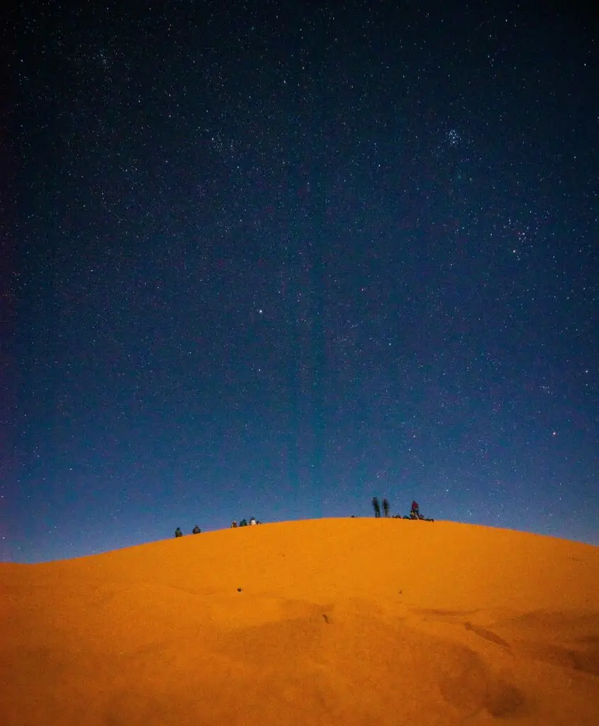 Accueil Silhouetted desert scene under a vast starry sky in the Sahara Desert.